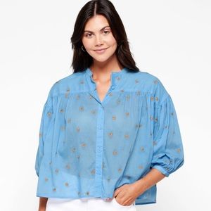 Scotch & Soda Organic Gathered Sleeve Blue Flower Embroidered Shirt Medium NWT